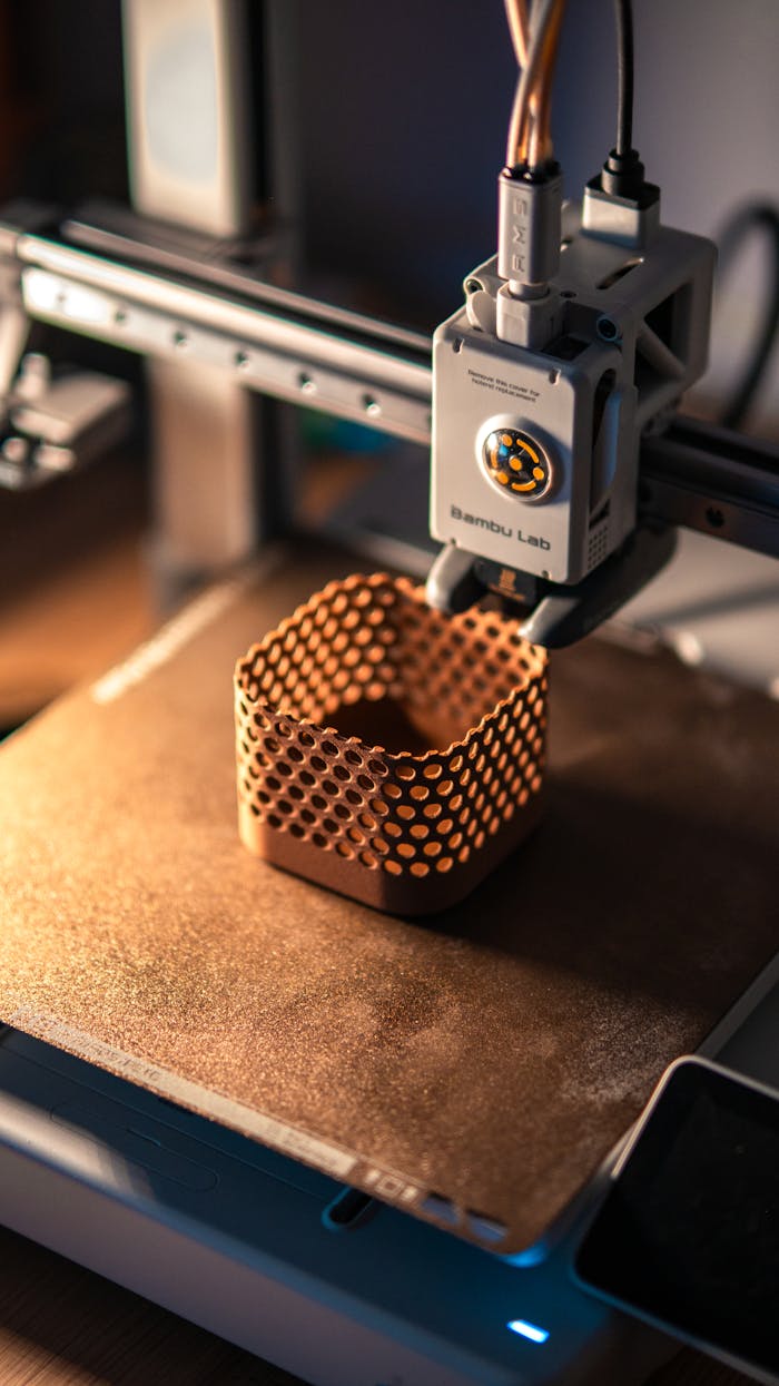 why-choose-us-01 Close-up of a 3D printer creating a hexagonal object in a dimly lit workspace.