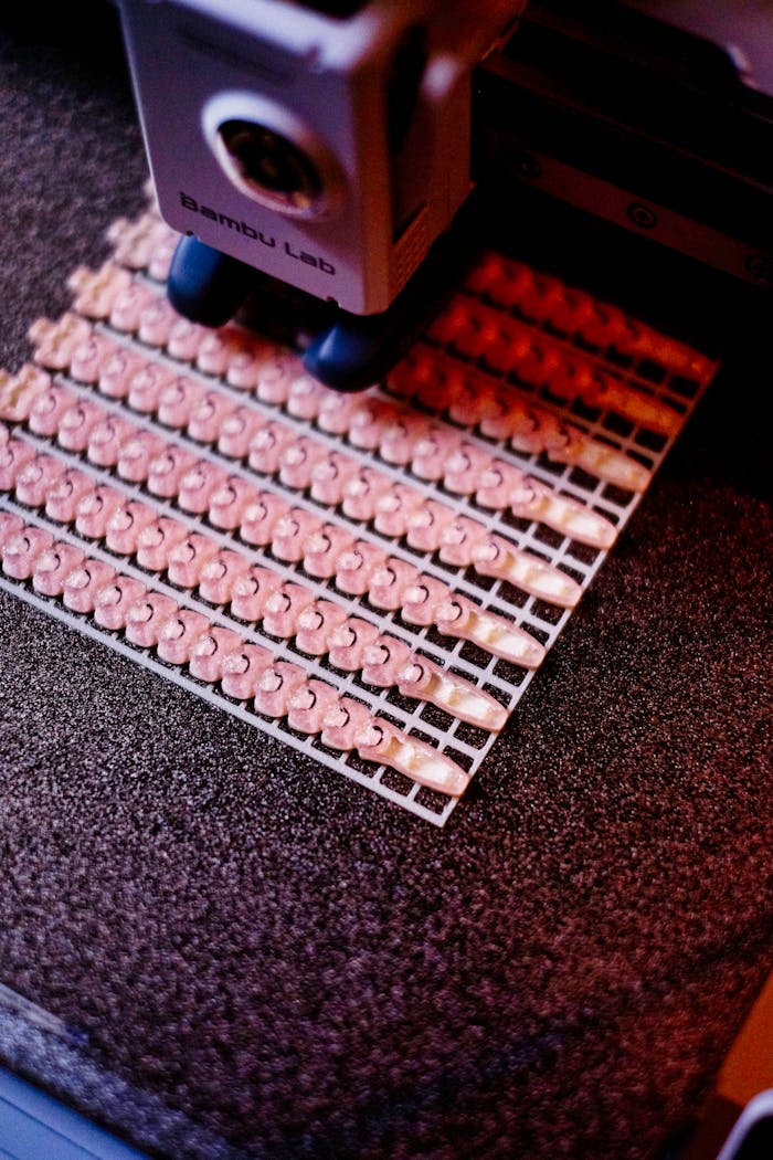 Close-up of 3D printer manufacturing small parts with intricate details in vibrant light.